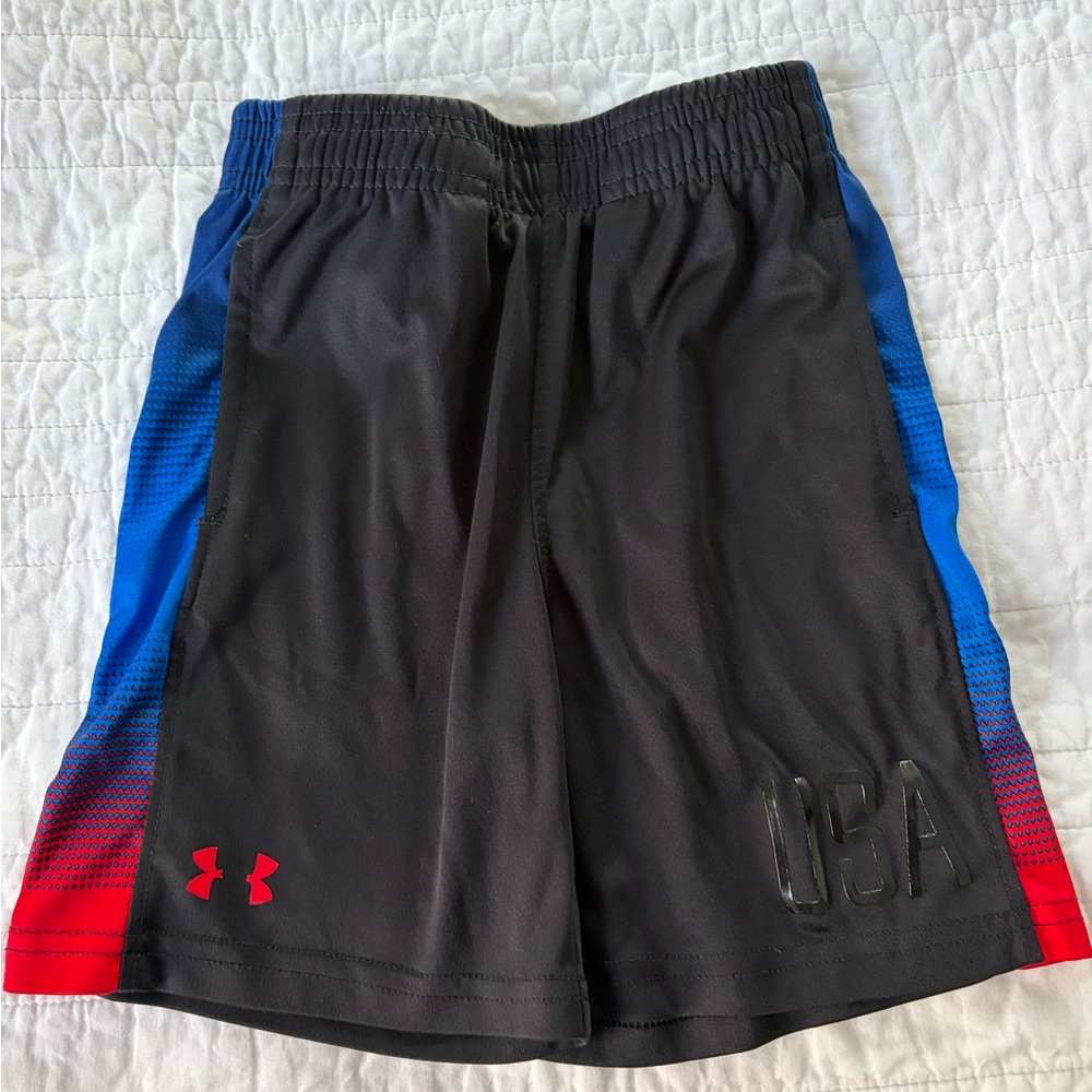 Under Armour Boy’s Black USA Shorts with Blue and Red Accents